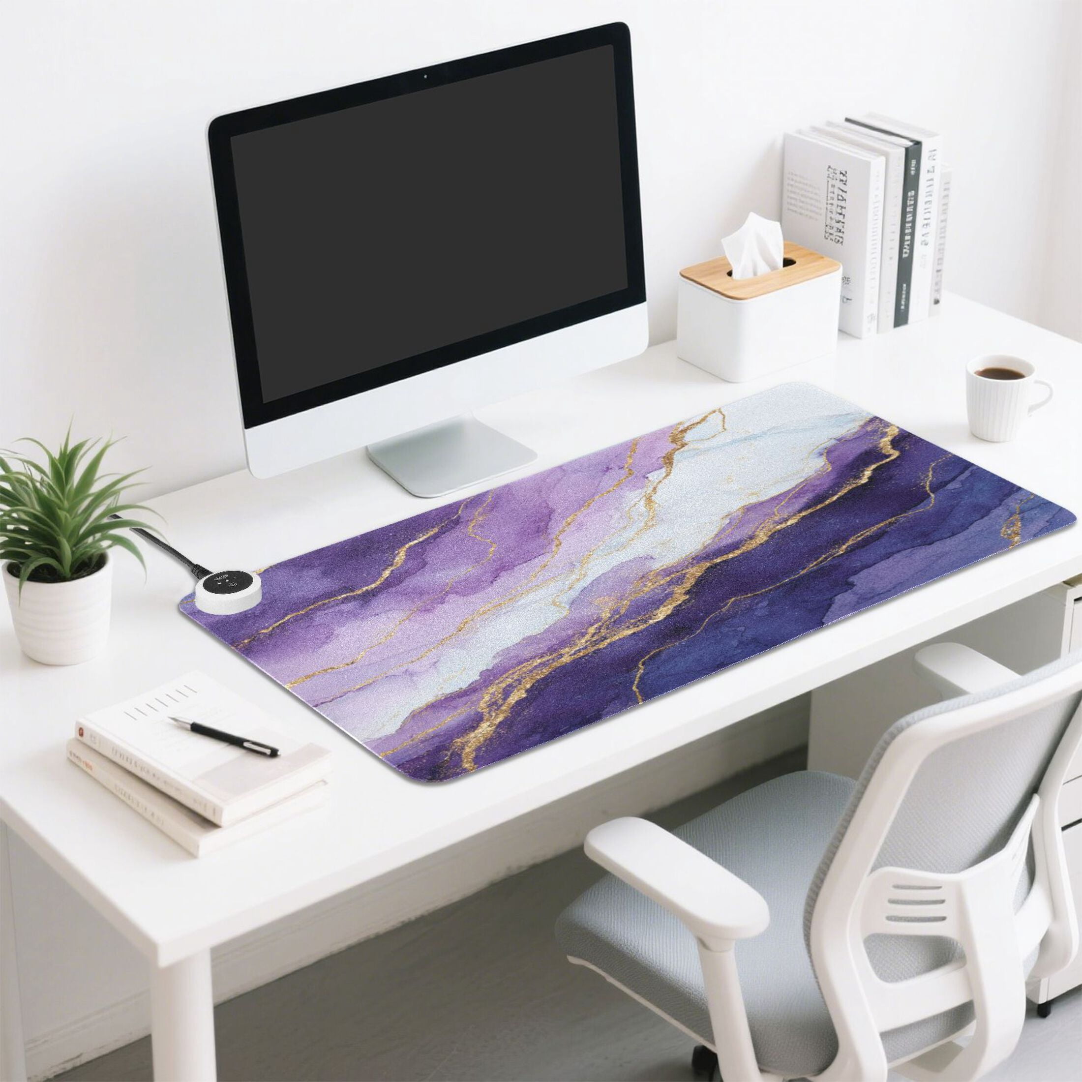 Large Heated Desk Mat Mouse Pad 31.5"x13"PU Leather Graphene Heating Desk Warmer with 3 Temperature Settings 110V US Plug Non-Slip Warm Pad for Home, Office, and Gaming Abstract Dark Purple Marble