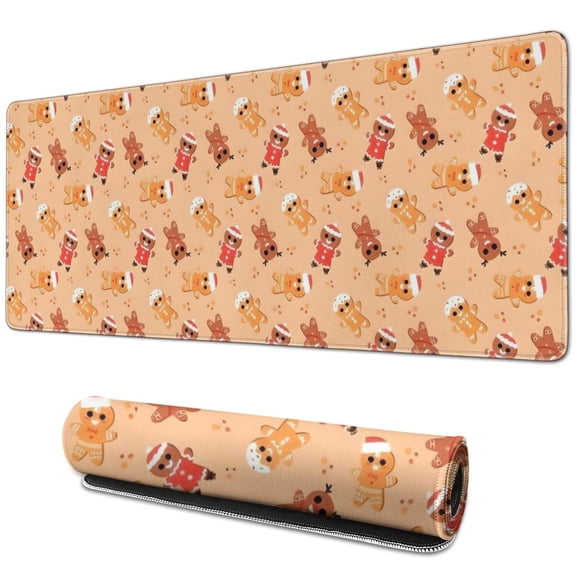Long Mouse Pads for Desk,Orange Christmas Gingerbread Man Pattern Desk Mats on Top Of Desks, Desk Mouse Pad Extra Large with 3mm Non-Slip Base and Stitched Edge for Gaming,Office,Work,Home 31.5x11.8in