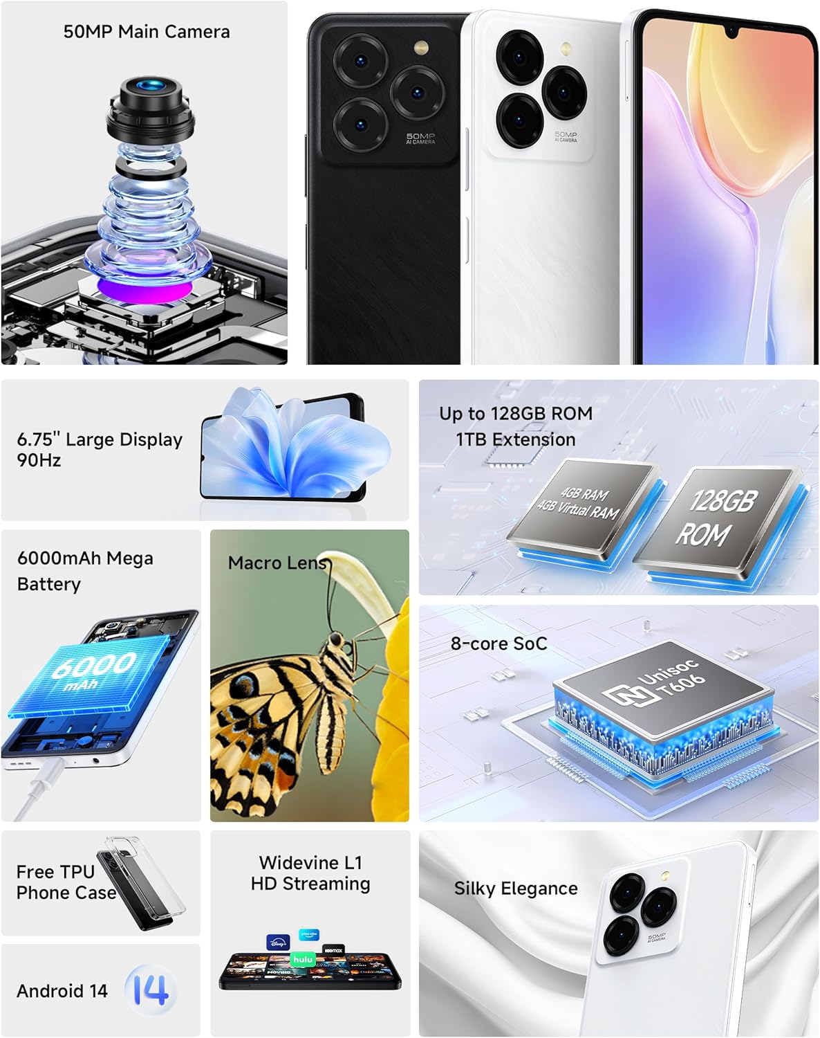 Ulefone Note 20 Pro Phone Unlocked, 8GB 128GB, 8-Core, 6.75" 90Hz Display, Android 14, 50MP AI Camera, 6000mAh Battery, Dual 4G LTE