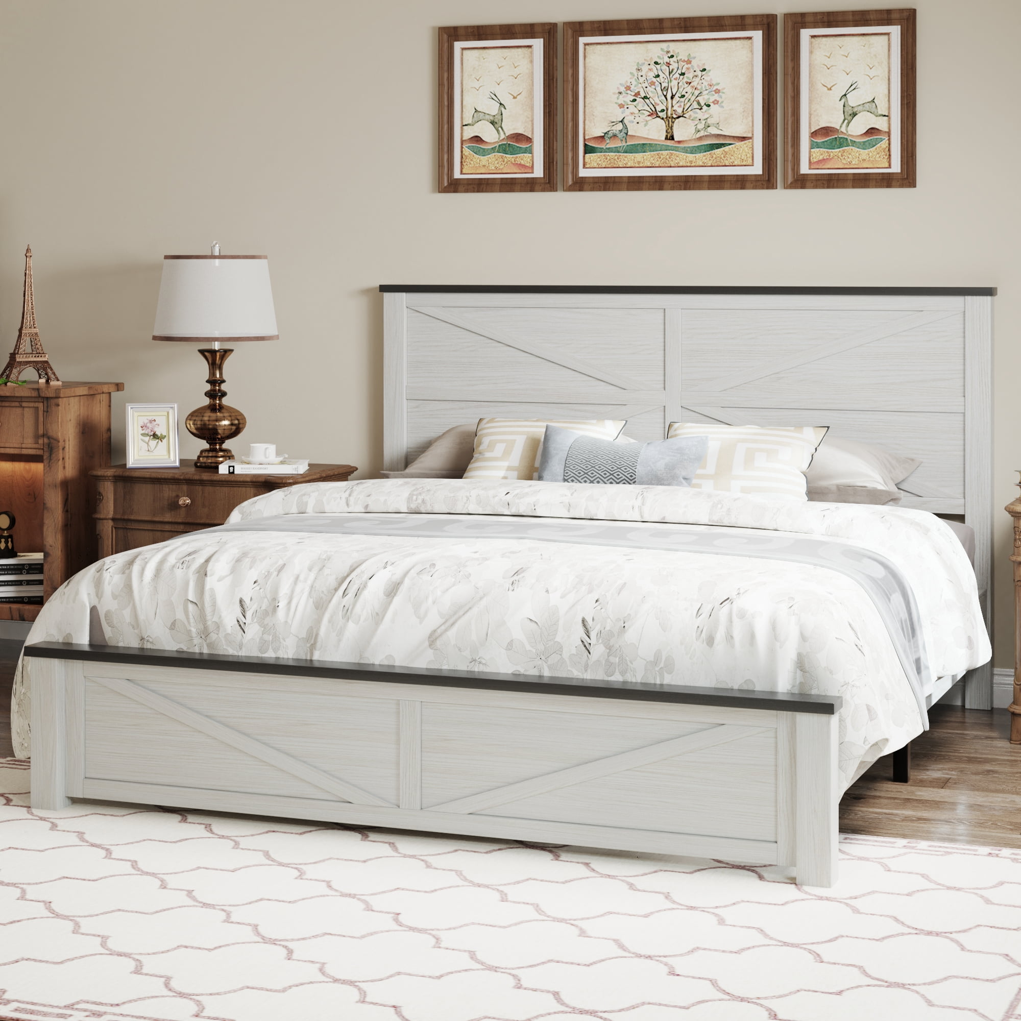 BSHTI King Bed Frame with Wooden Headboard, Country and Farmhouse Style, White