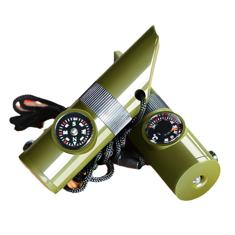 Survival signal whistle 7 in 1, bayonet design, simple operation, emergency compass, magnifying glass, flashlight, thermometer.
