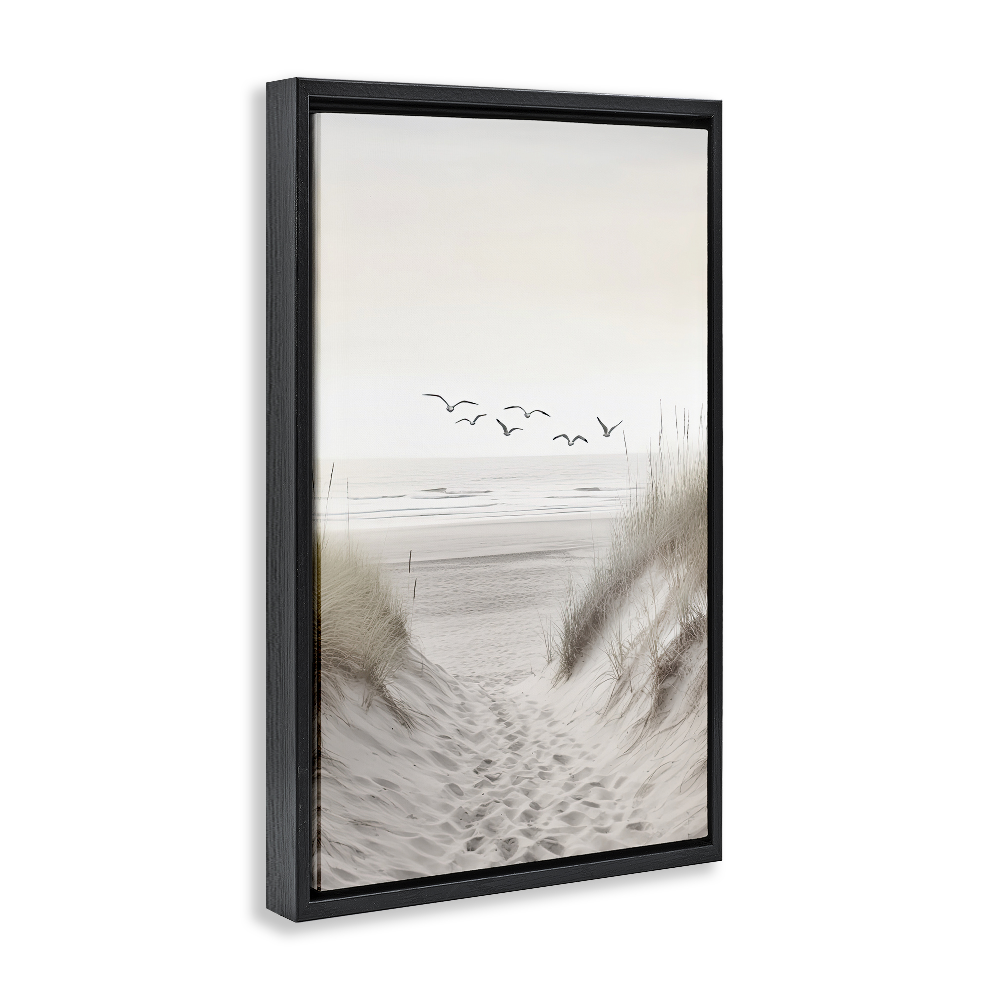 Seagulls over Sandy Footprints Black Framed Floater Canvas Wall Art, design by Decent Exposures