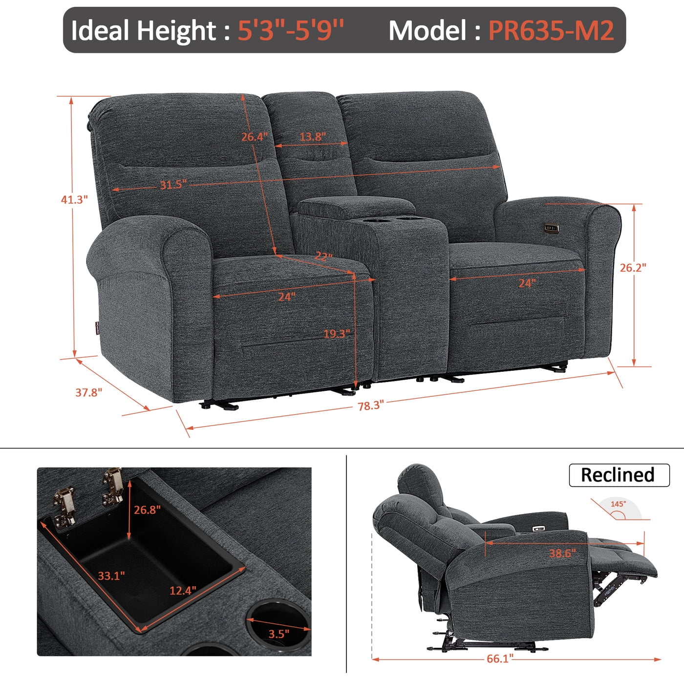 MCombo 78.3" Wall Hugger Power Loveseat Recliner Sofa with Console, Reclining Loveseat with USB Ports, Cup Holders, for Small Spaces Living Room RV, Fabric PR635M2 (Dark Grey)