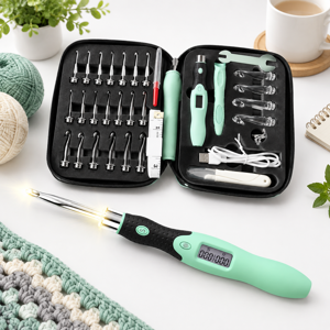 Green Light Up Counting Crochet Hook Set 24-in-1 Interchangeable Hooks