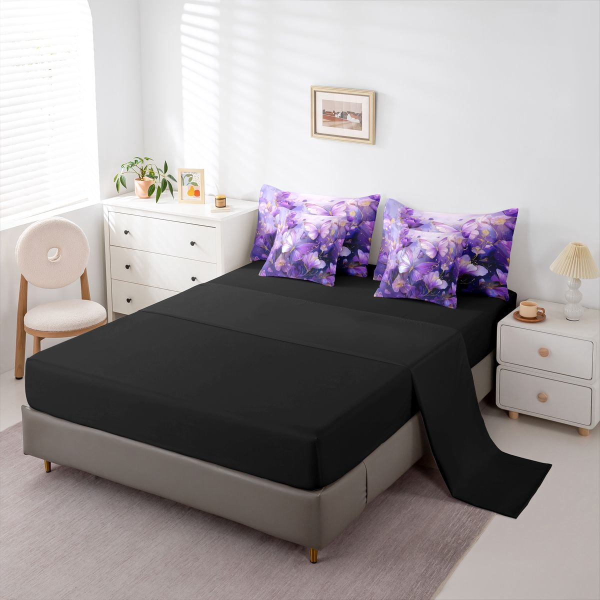 Homewish Floral Butterflies Girl 7-Piece Twin Bedding Sets,Gradient Purple Bedding Comforter Set,Dreamy Princess Breathable Sheet Sets,Microfiber Bedroom Decor,Reversible