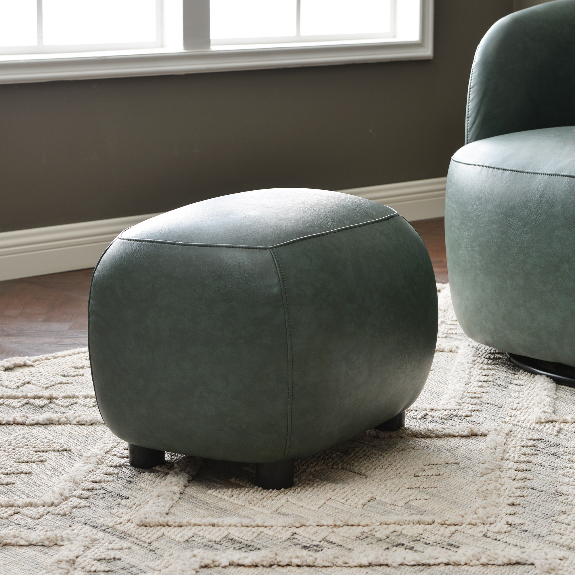 23" Wide Faux Leather Upholstered Ottoman, Mid-Century Modern Living Room Footrest with Soft Padded Seat, Footstool for Bedroom, Entryway or Living Room, Green