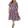 thumbnail image 2 of Agnes Orinda Women's Plus Size Dress Floral Print Crew Neck Tulip Short Sleeve Flowy Summer Midi A Line Dresses with Pocket 1X Black Purple, 2 of 6