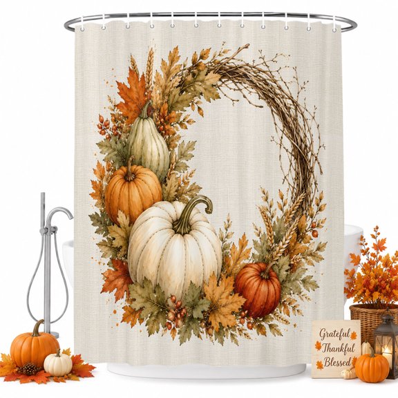 Thanksgiving Shower Curtain, Waterproof Shower Curtains for Bathroom, Fall Farmhouse Pumpkin Maple Leaves Wreath Washable Fabric Bathtub Curtain Set Bath Decor with 12 Hooks 48"x72"