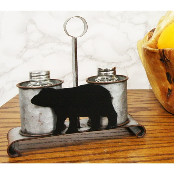 Galvanized Metal Western Rustic Black Bear Salt & Pepper Shakers Holder Carrier