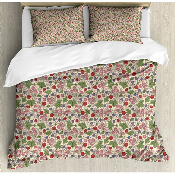 Cranberry Duvet Cover Set King Size, Vintage Botany Herbs Strawberry Leaf Flower Blooms Branches