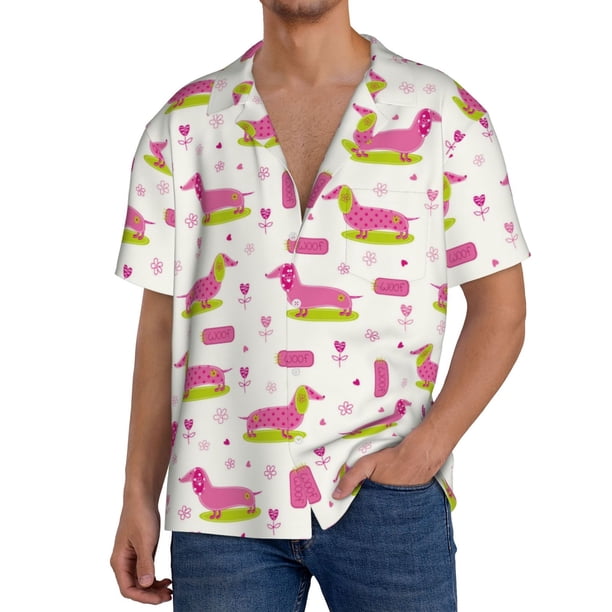 Balery Dachshund Dog Puppy Camisa Casual de Manga Corta con Botones para Hombre, Texturizada, Estilo Cubano, para Playa, Verano-Small