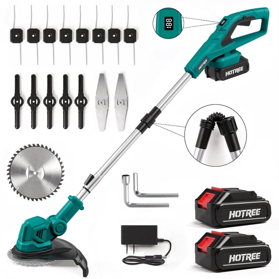 Open Box HOTREE 21V Cordless String Trimmer and Edger, Foldable 3-in-1 Weed Wacker and Brush Cutter with Digital LED Battery Display, Blue, HT02