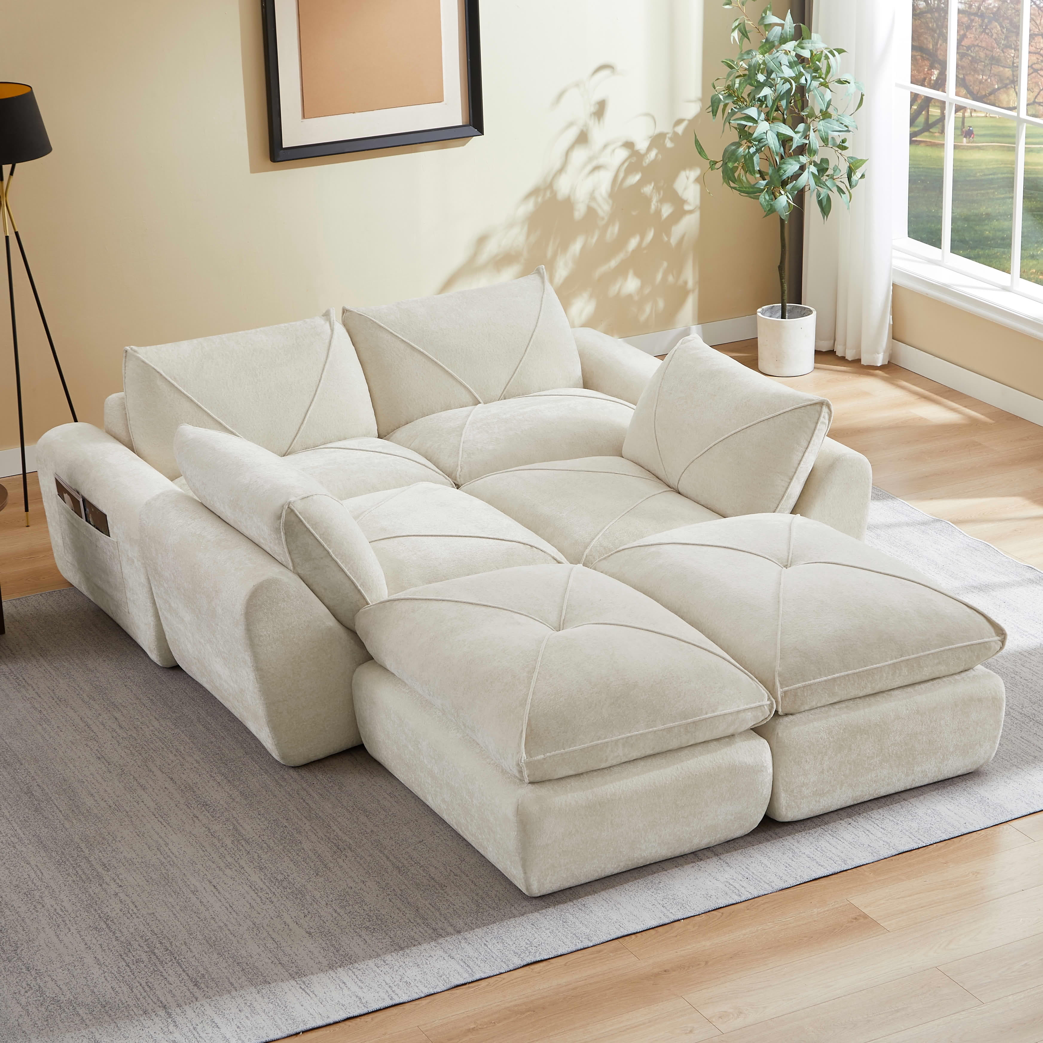 MAYEERTY 153" Cream Chenille Oversized U-Shaped Modular Sectional Sofa, 300lbs Spring Support for Living Room