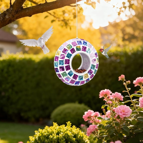 Mosaic Fly-Through Bird Feeder – Colorful Circular Hanging Feeder,Outdoor Bird Feeder,Decorative Outdoor Accent for Garden, Patio & Bird Watching