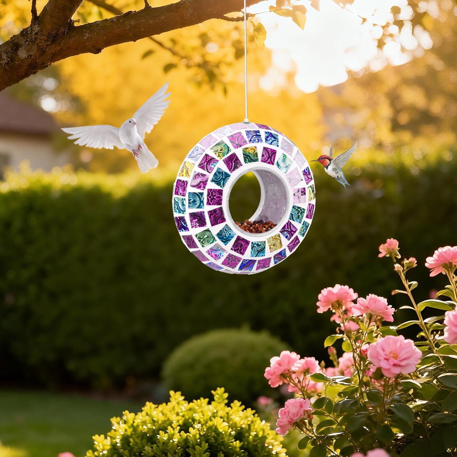 Mosaic Fly-Through Bird Feeder – Colorful Circular Hanging Feeder,Outdoor Bird Feeder,Decorative Outdoor Accent for Garden, Patio & Bird Watching