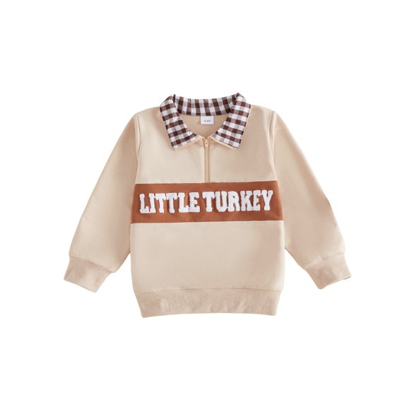 RUINIXCW Boys Quarter Zip Sweatshirt Thanksgiving Letter Turkey Embroidery Plaid Lapel Long Sleeve Pullover