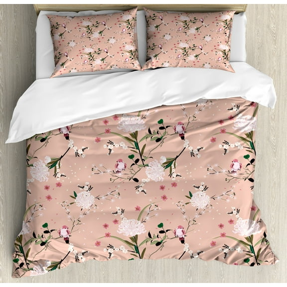 Vintage Duvet Cover Set, Oriental Garden with Birds on Floral Branches Blooming Garden Art, Decorative 3 Piece Bedding Set with 2 Pillow Shams, Calking Size, Pale Salmon Multicolor, by Ambesonne