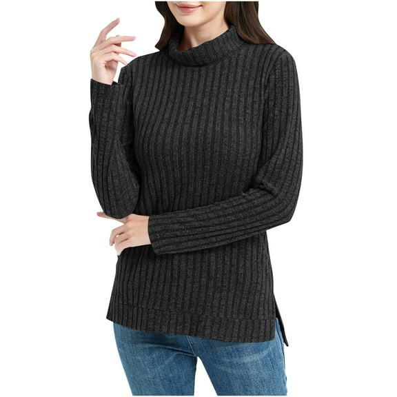 XPMWRP Women's Solid Color Tunic Tops Turtle Neck Long Sleeve Shirts Oversized Winter Sweaters Side Split High Low Hemline Black L