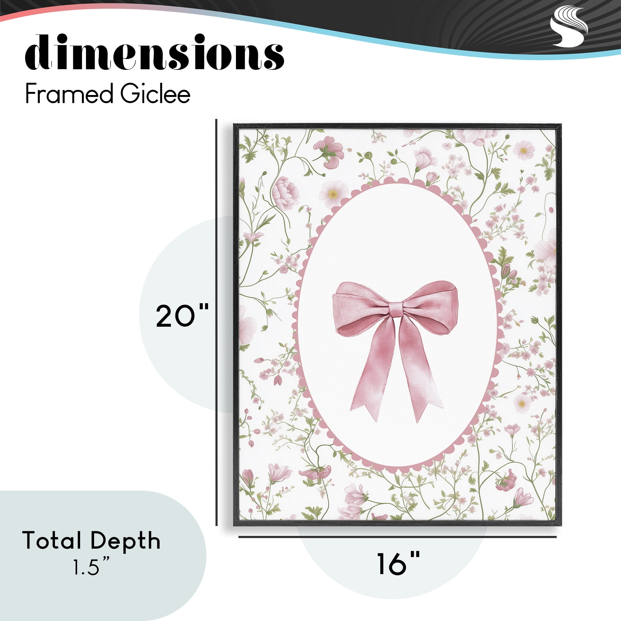Delicate Florals & Bow Black Framed Giclee Art, design by Christine Simpson Art