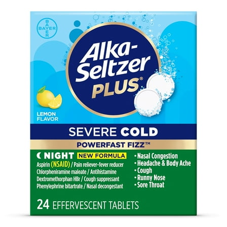 Alka-Seltzer Plus Powerfast Fizz Severe Night Cold Medicine, Lemon Effervescent Tablets, 24 Count