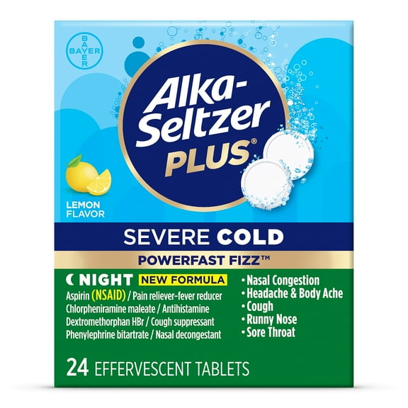 Alka-Seltzer Plus Powerfast Fizz Severe Night Cold Medicine, Lemon Effervescent Tablets, 24 Count