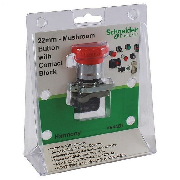 Schneider Electric EmergencyStopPushButton,NonIllum,Red,1NC XB4AB2
