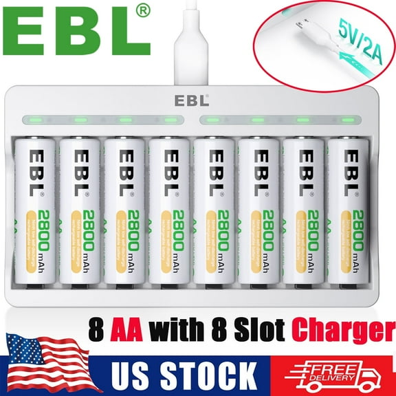 EBL Rechargeable AA Batteries 2800mAh (8 Pack) with 8 Bay Individual USB Fast Charging Battery Charger