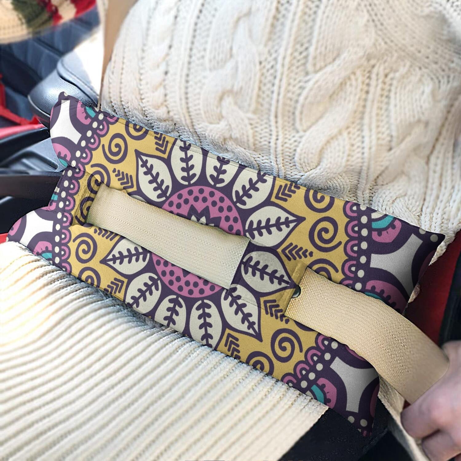 Boho Chic Mandala Seat Belt Pillow - Soft Mastectomy Car Cushion - Heart Recovery Pad with Ethnic Inspired Symmetry