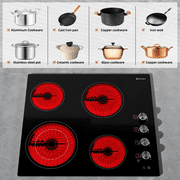 IsEasy 24 Inch Electric Cooktop Built in Electrics Stove Top, 4 Burner Electric Stove, Knobs Control, 7500W, 9 Power Levels, Safety Lock, Timer, Pause Function, 220-240V Hard Wire(No Plug)