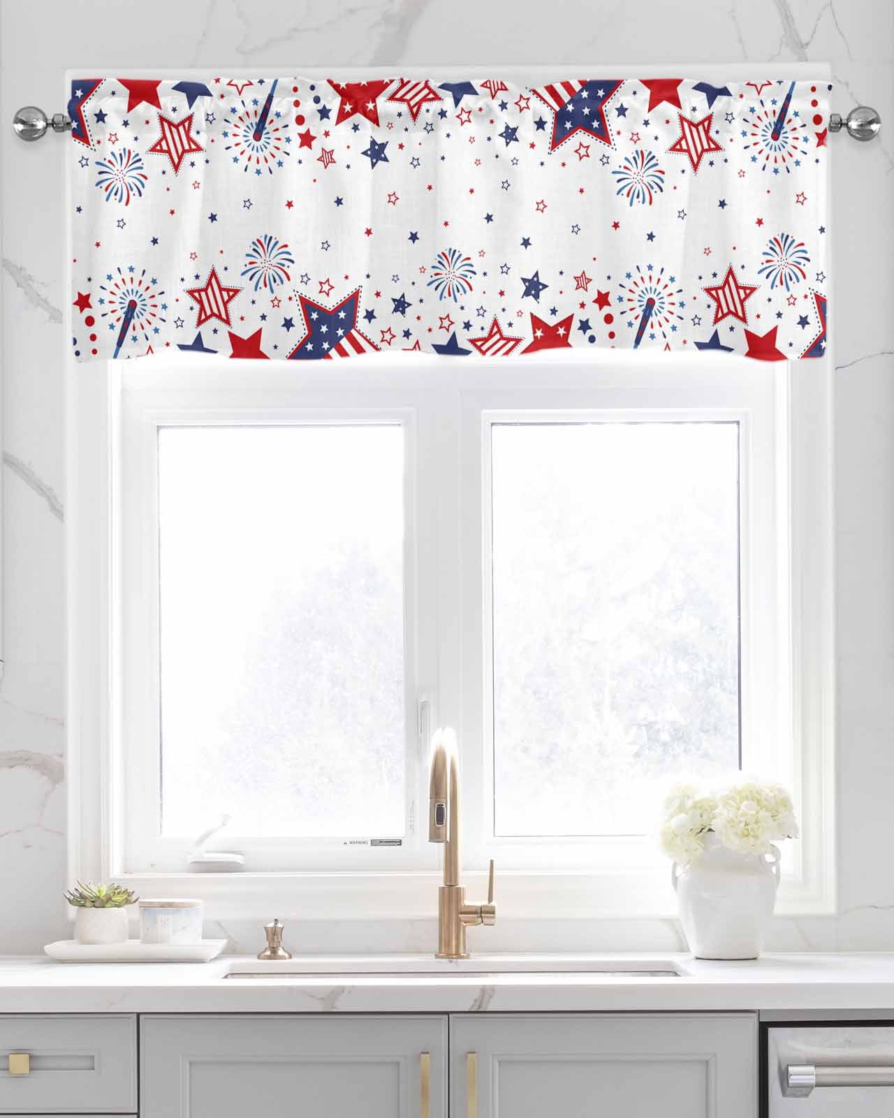 Patriotic Memorial Linen Curtain Valance for Bedroom/Bathroom/Kitchen/Office/Living/Dining Room Windows,Stripes Stars 4th of July Red Blue Rod Pocket Topper Drapes Decorative Cafe Drapery Panel 60x18