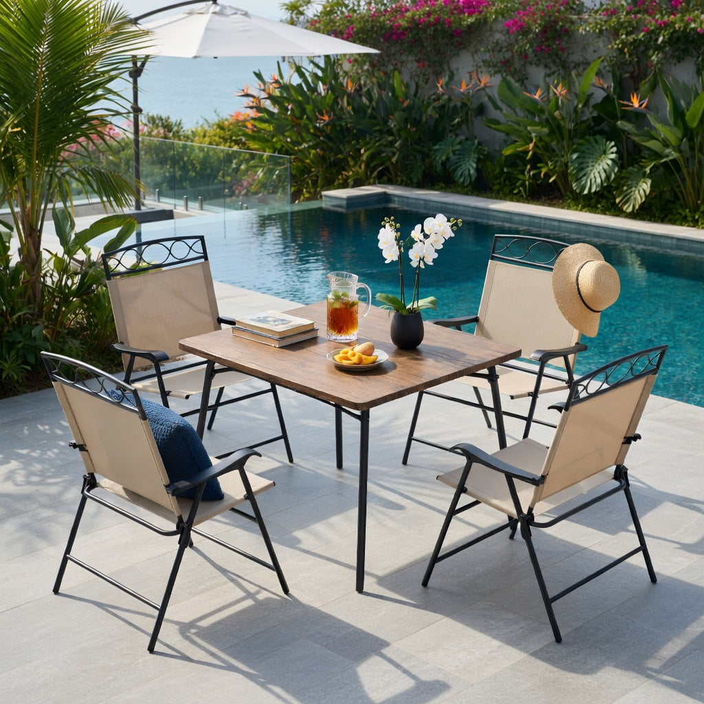Hommoo 4-Pack Folding Patio Chairs with Armrests, Heavy-Duty Outdoor Dining Chairs, Ergonomic 105° Backrest, Beige