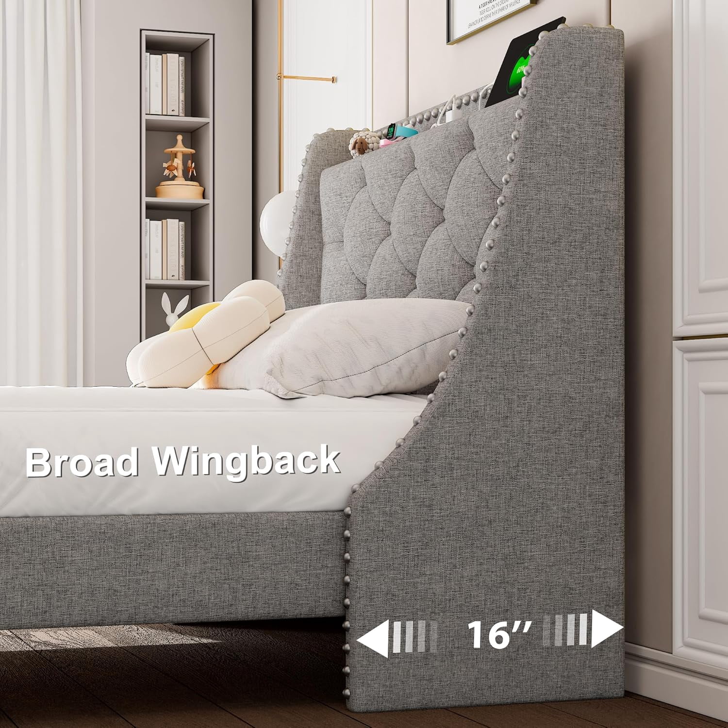 Feonase Twin Bed Frames with Luxury Wingback and Fast Charging Station,Upholstered Button Tufted Storage Headboard Twin Platform Bed,Sturdy Wooden Slats Support,Noise-Free,Easy Assembly,Light Gray