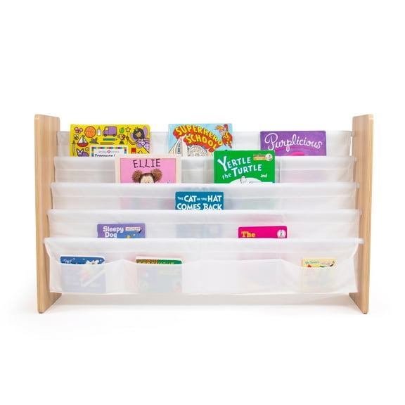 Humble Crew Journey Extra Large Kids 4 Tier Bookrack with 4 Front Pockets for Smaller Books, Natural/White