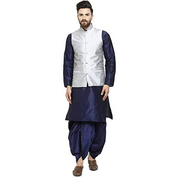 Royal Kurta Men's Silk Blend Kurta Dhoti & Nehru Jacket Set (42, Silver-Navy)