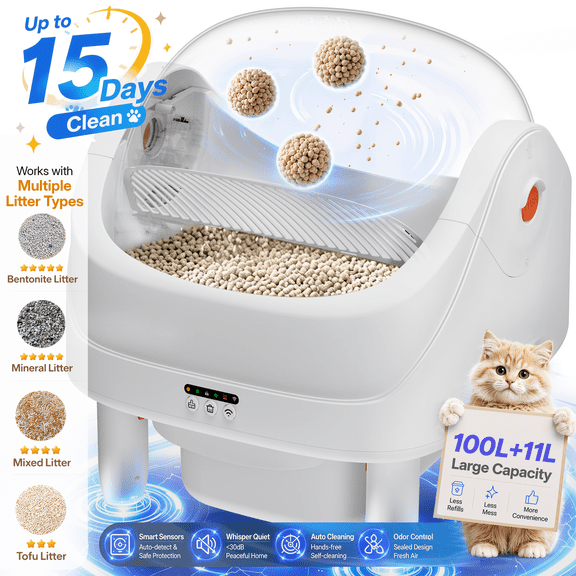 2026 Upgragded Self Cleaning Litter Box,Open Top Automatic Litter Box with App Control for Multiple Cats, Safety Sensors Protection, 3-Layer Odor Control,11L Large Waste Bin, Includes 2 roll Liners