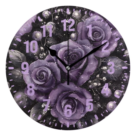 Yayeee 10" Wall Clock Battery Operated Quartz Round Silent Non-Ticking Home Decor, Purple Roses