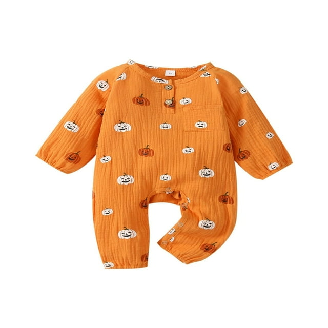 Halloween Baby Pumpkin Print Jumpsuits Long Sleeve Rompers Kids Bodysuits Soft Skin Friendly Cloth