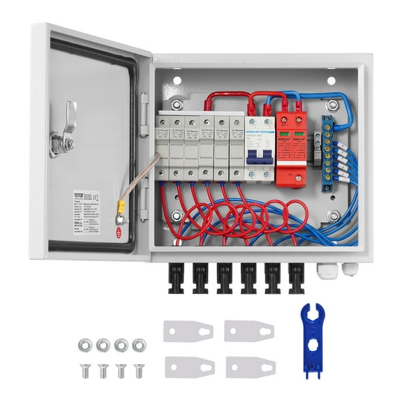 VEVOR PV Combiner Box, 6 String, Solar Combiner Box with 15A Rated Current Fuse 125A Circuit Breaker Lightning Arrester and Solar Connector, Steel Case for On / Off Grid Solar Panel System, IP65