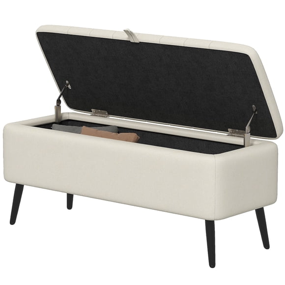 Cream White Linen Storage Ottoman Bench - 40” Entryway & Living Room Seating with Hidden Storage & Steel Legs