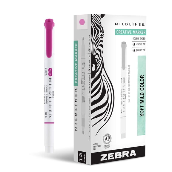 Zebra Pen Mildliner Double Ended Highlighter Marker Set, Broad and Fine Point Tips, Mild Fucshia Ink, 12-Pack