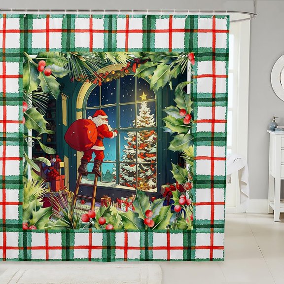 Christmas Shower Curtain Santa Claus and Tree Watercolor Plaid Fabric Bathroom Curtain with Hooks 71x71 inches