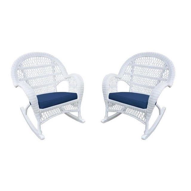 Jeco Chaise Berçante en Osier Blanche avec Coussin Bleu (Ensemble de 4)