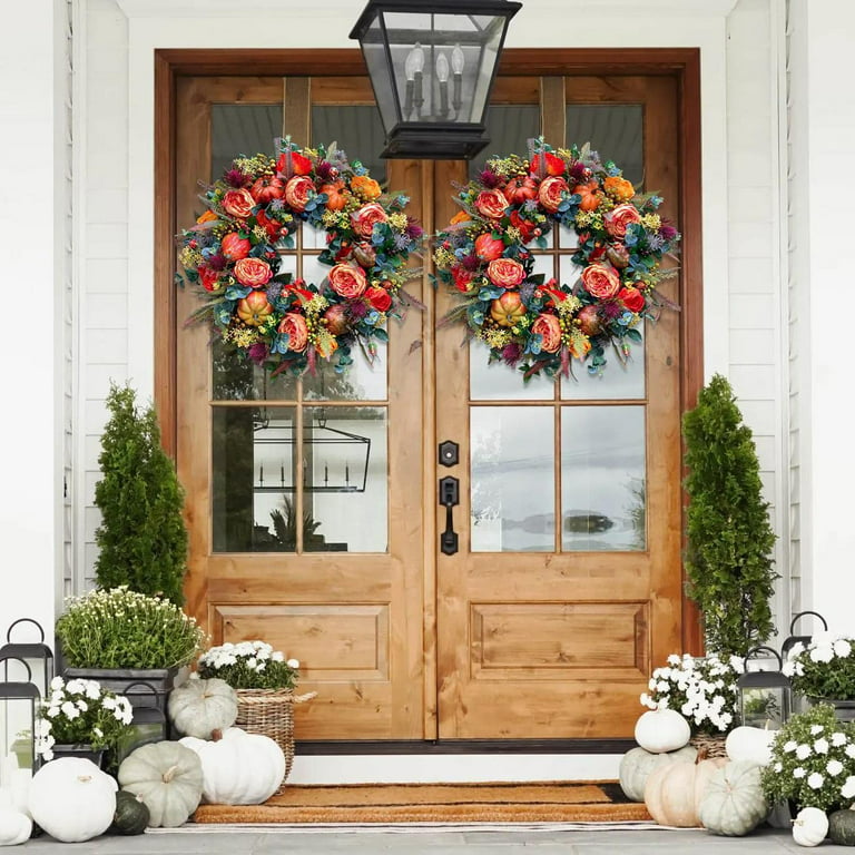Fall Peony and Pumpkin Wreath - Year Round Wreath, Peony & Pumpkin Fall  Front Door Outdoor Wreaths, Durable Fall Wreath with Maple Leaf Berry