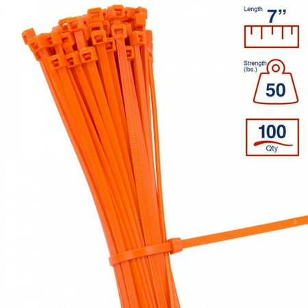 - BCT 7 Inch 50 lb Cable Ties - Medium Duty Industrial/Home Use - Bag of 100 - Orange - Zip Ties - Y7503C