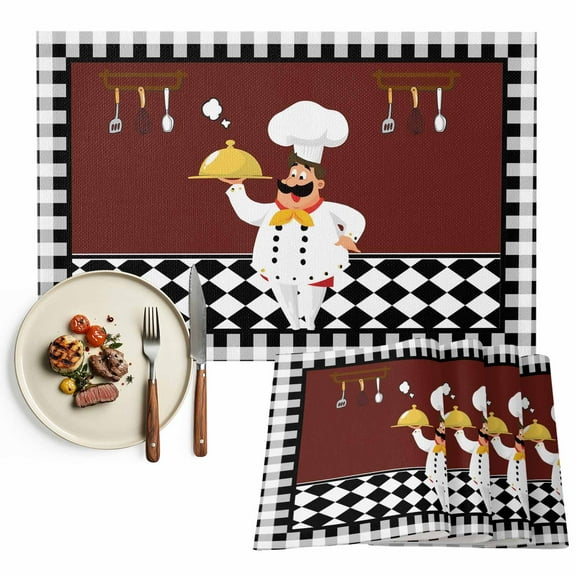 Placemats Set of 4, Cartoon Chef Placemats Set of 4, Kitchen Gourmet Black Plaid Tablemats Washable Placemat Table Decoration for Kitchen Table Dinner Party Home Decor Indoor Outdoor 13x19 Inch