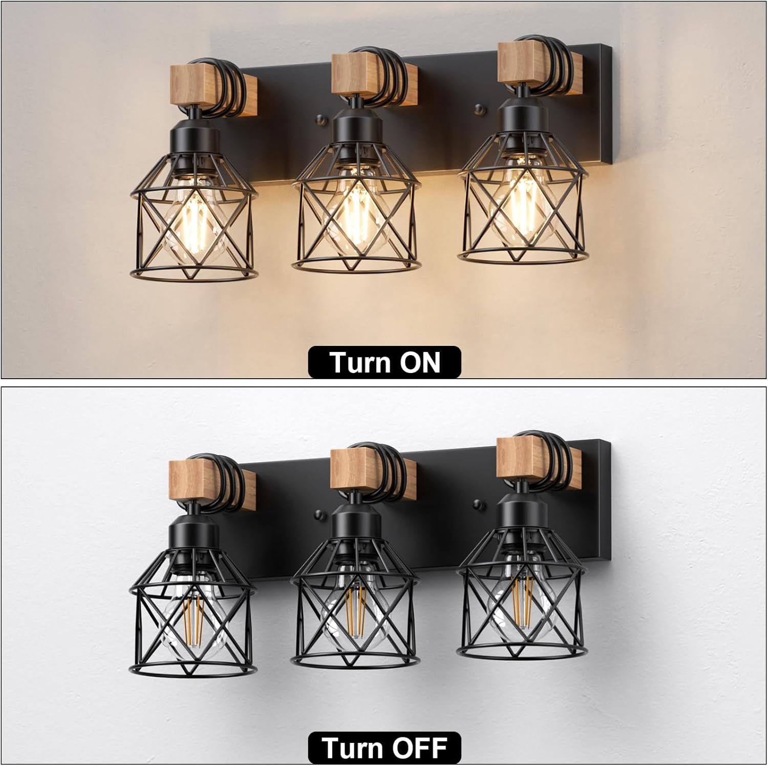Farmhouse Vanity Light for Bathroom, 3-Light Wood Bathroom Vanity Light Fixtures Over Mirror, Black Rustic Wall Sconce with Cage Metal Lampshade, Vintage Wall Lights for Bedroom, Living Room, Hallway