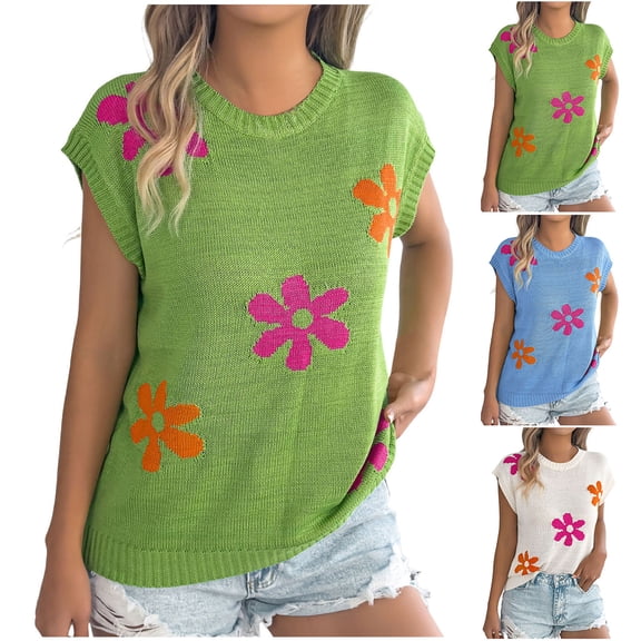 VBVC Women's Floral Knit Sweater Tops,Ladies Cap Sleeve Pullover,Breathable Blouses For Women,White,S-XL