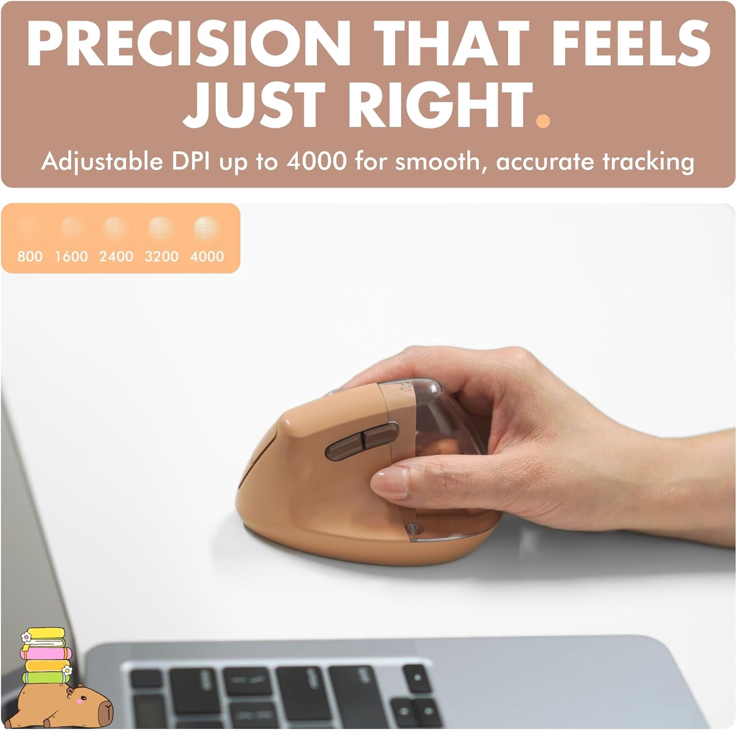 X9 Performance Wireless Vertical Ergonomic Mouse - Click with Capybara - (BT + 2.4G) Up to 4000 DPI, 6 Button, Rechargeable - Bluetooth Ergonomic Vertical Mouse Wireless - For Mac and PC - Brown