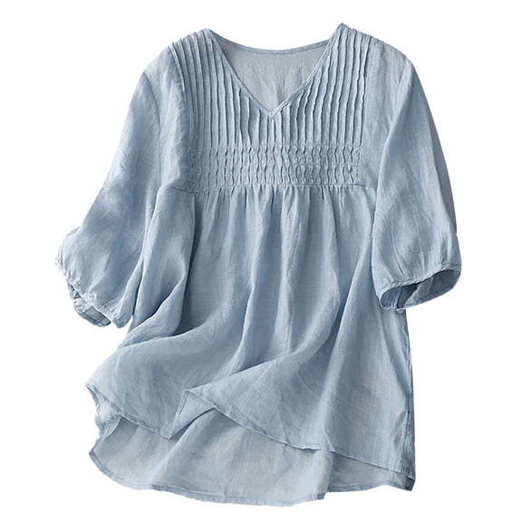 Women Short Sleeve Tees Cotton Linen Style V Neck Loose Embroidered Short Sleeve T Shirt Tops All Occasion Wear