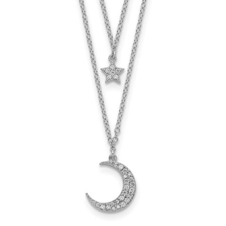 Diamond2Deal 925 Sterling Silver Rhod-pltd CZ Star and Moon 2in ext. 2-strand Necklace for Women 16"